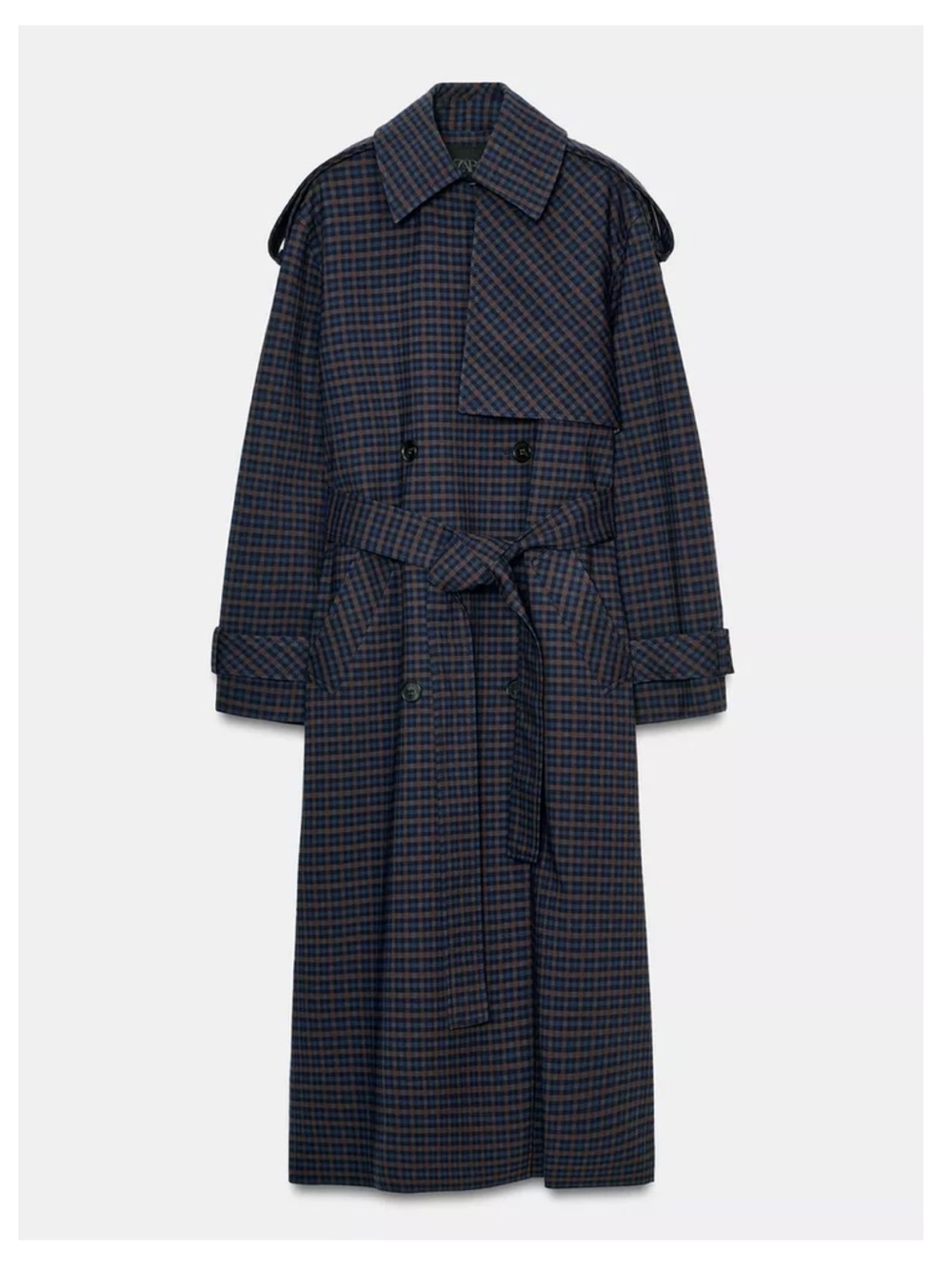 NWT Zara size L Navy & Brown Check Trench Coat with Belt